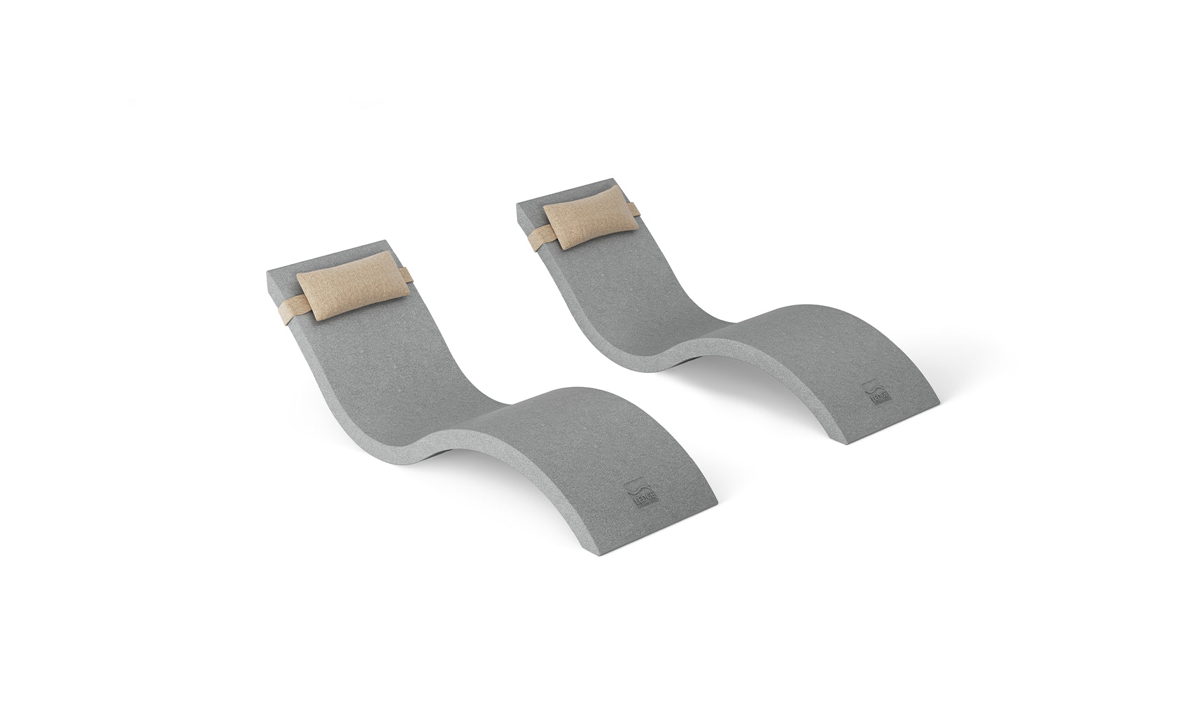Two modern, minimalist gray chaise lounges with beige headrest pillows on a white background are part of the Ledge Loungers Outdoor Escape In-Pool Furniture Bundle. These outdoor pieces feature a sleek, wave-like design.