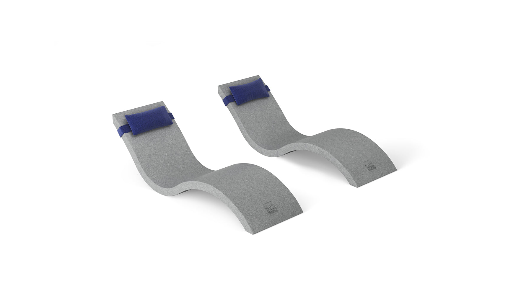 The Ledge Lounger Outdoor Escape In-Pool Furniture Bundle includes gray, wave-like foam blocks with blue straps, designed for stability and support. Positioned side by side on a white background, they evoke the elegance of a chaise lounge and offer exercise comfort akin to an outdoor headrest pillow.