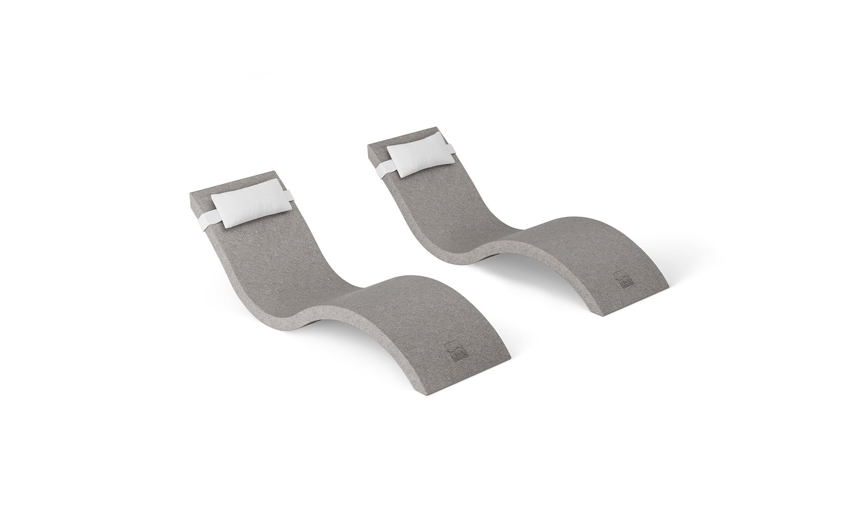 The Ledge Lounger Outdoor Escape In-Pool Furniture Bundle features two modern, gray wave-shaped chaise lounge chairs with integrated white headrest pillows. These sleekly designed chairs, set against a plain white background, offer smooth curves for a contemporary look.