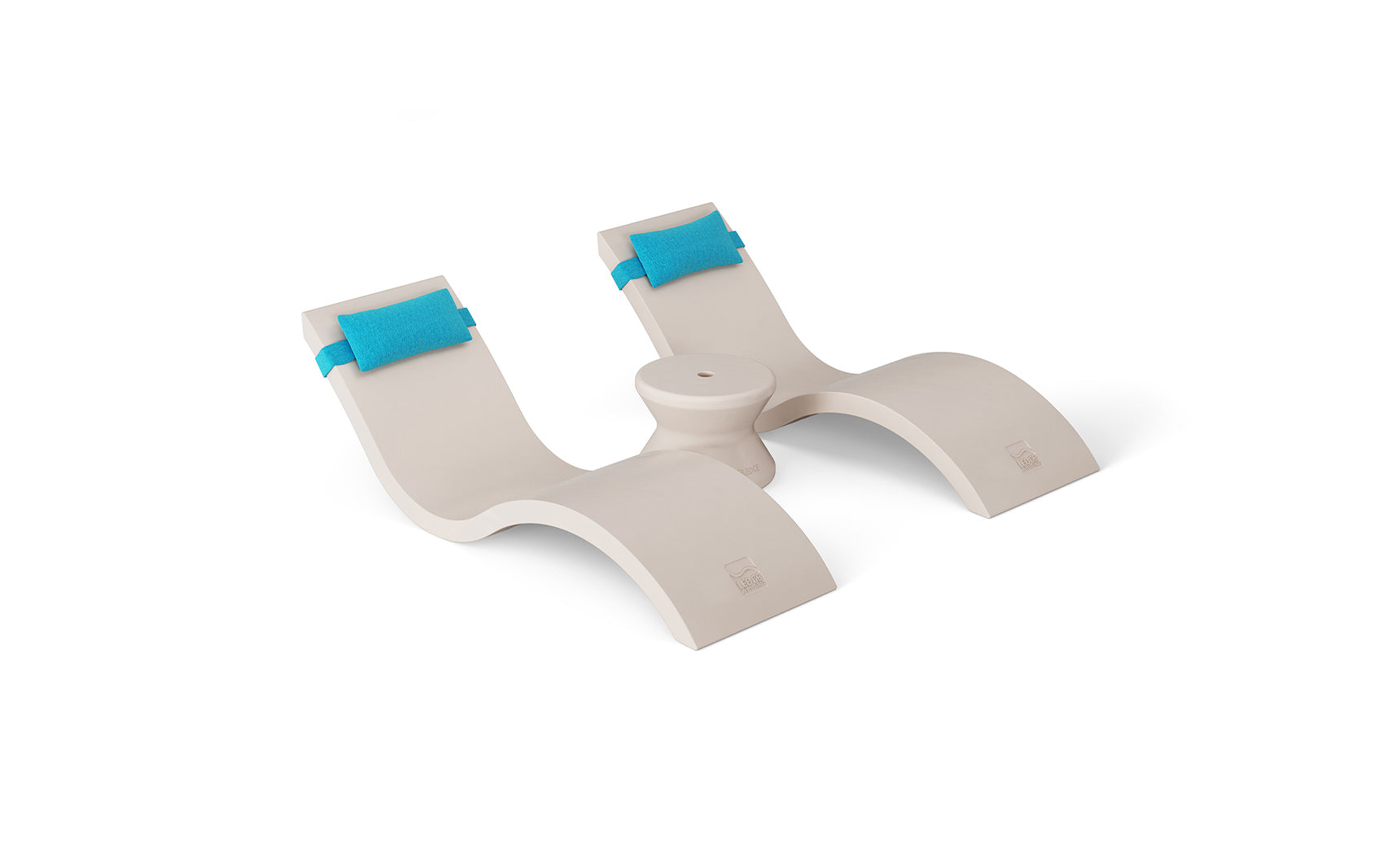 The Ledge Lounger Outdoor Paradise In-Pool Furniture Bundle features two beige, curved yoga blocks connected by a central joint with blue padding on top for comfort, offering an ergonomic design for varied positioning during exercise or stretching routines.