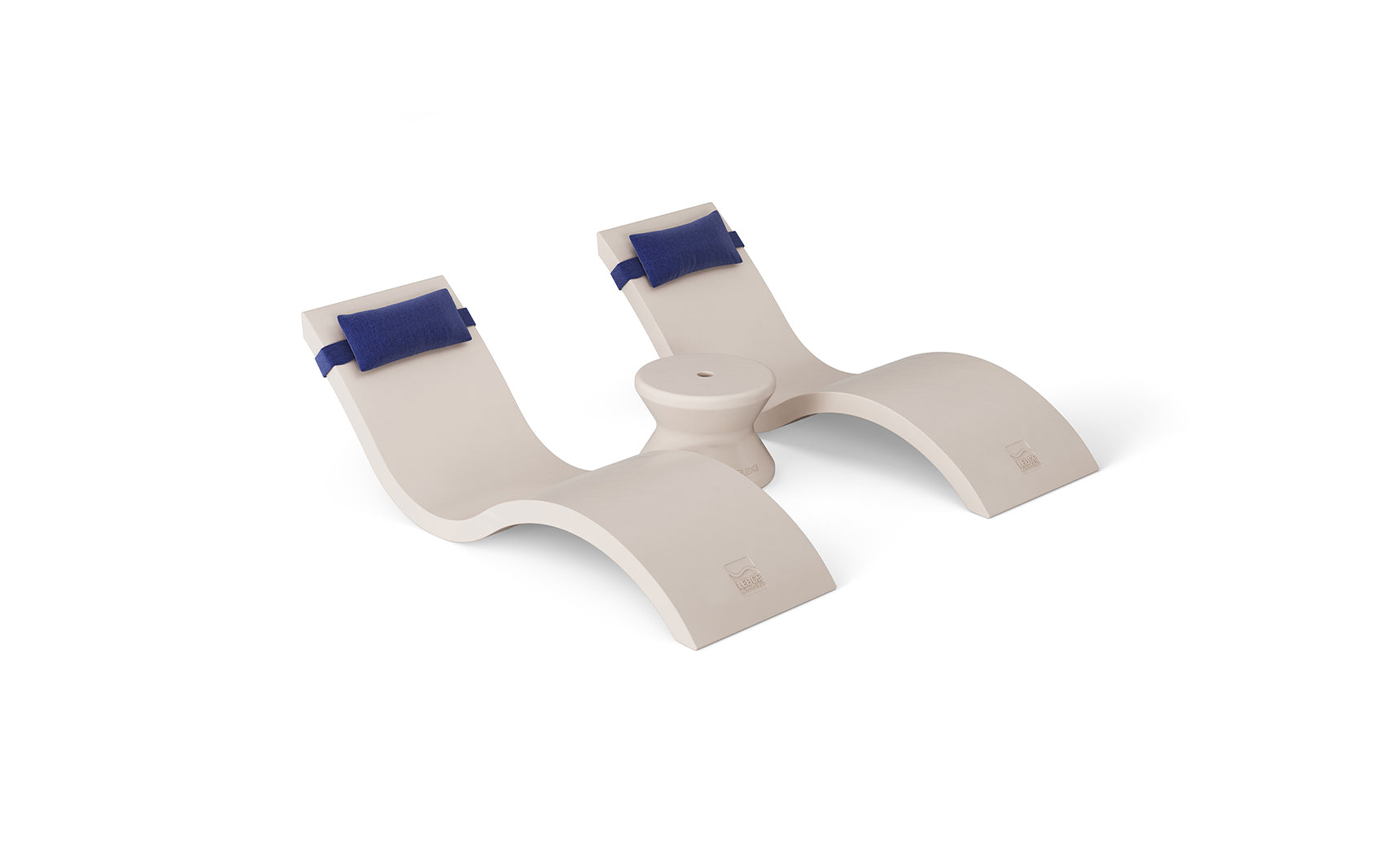 The Ledge Lounger Outdoor Paradise In-Pool Furniture Bundle features a modern, minimalist cream balance board with curved sections and blue padded straps. Ideal for pool ledge furniture aficionados, its elegant design blends seamlessly against a plain white background.
