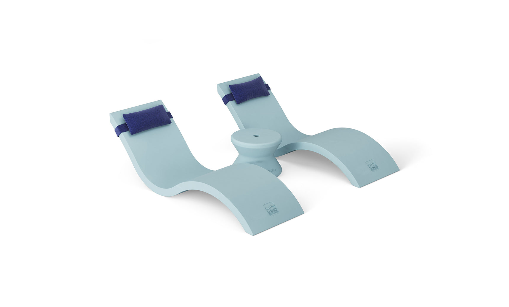 The Outdoor Paradise In-Pool Furniture Bundle by Ledge Lounger is light blue and curved, with two symmetrical raised sections and dark blue straps, resembling pool ledge furniture. It appears designed for support or exercise, featuring a round central base for stability against a plain white background.