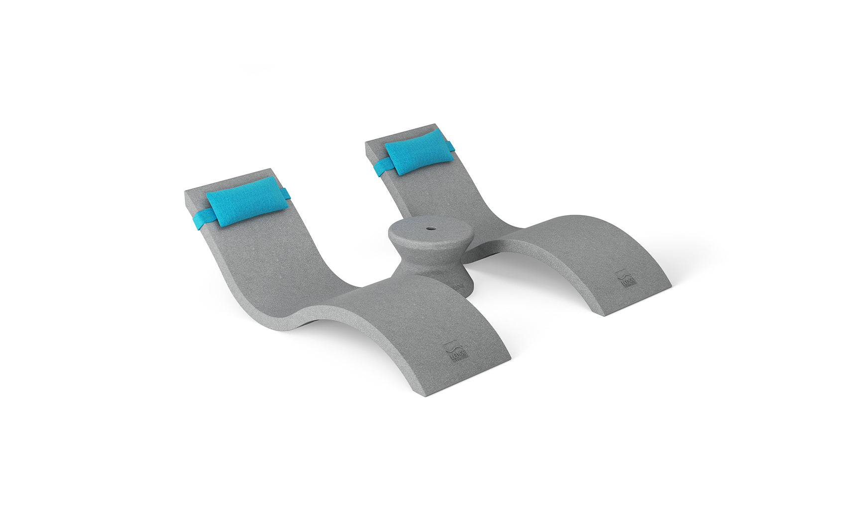 The Outdoor Paradise In-Pool Furniture Bundle by Ledge Lounger is a sleek, gray U-shaped kayak rack with two raised supports and blue padding. It features a central circular indentation for secure kayak holding, mimicking the modern elegance of pool ledge furniture.