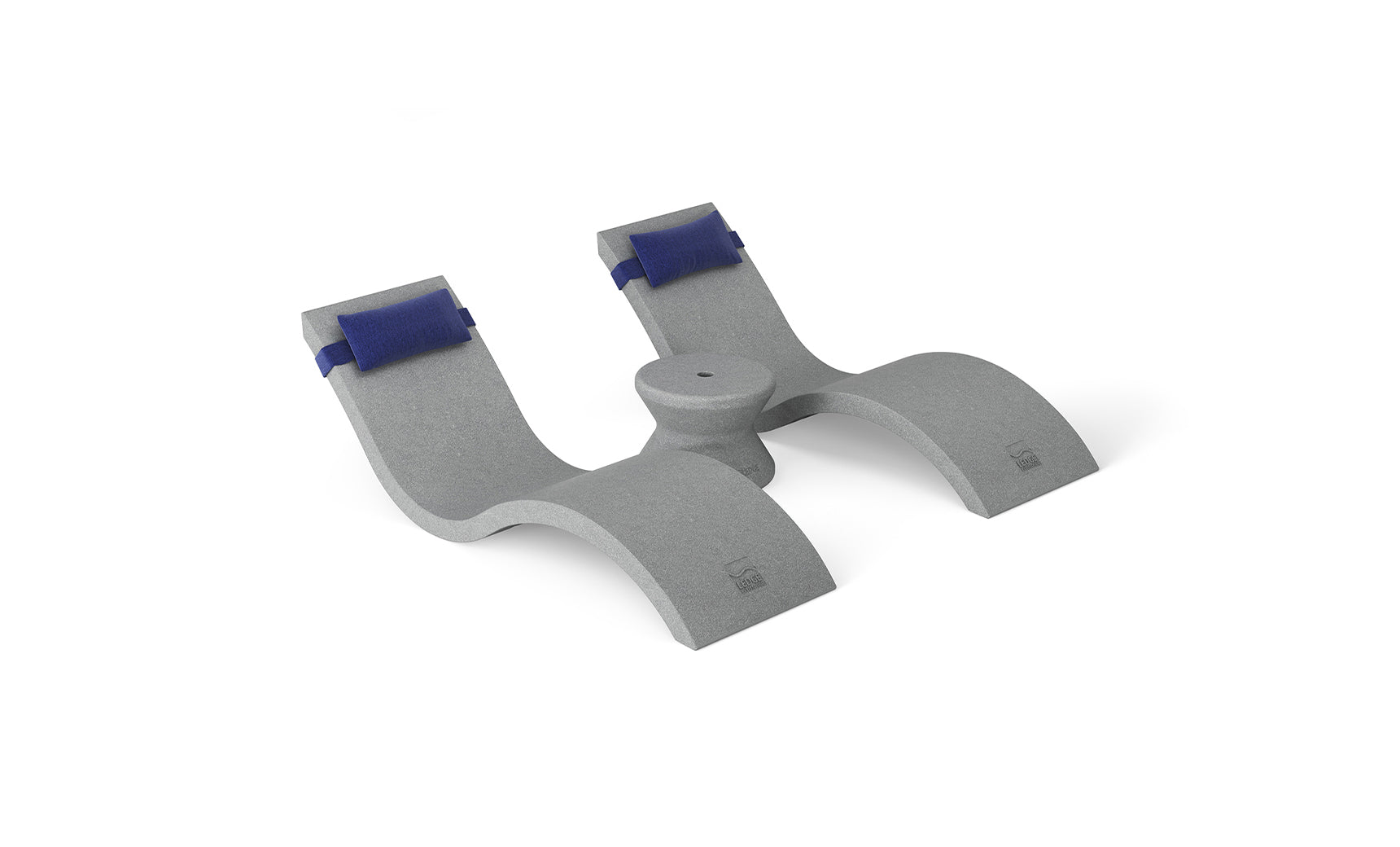 The Ledge Lounger headrest in gray foam, with curved design, blue straps, and a central circular support, offers ergonomic comfort. It’s perfect for enhancing health and wellness when paired with the Outdoor Paradise In-Pool Furniture Bundle, adding a touch of luxury to your relaxation setup.