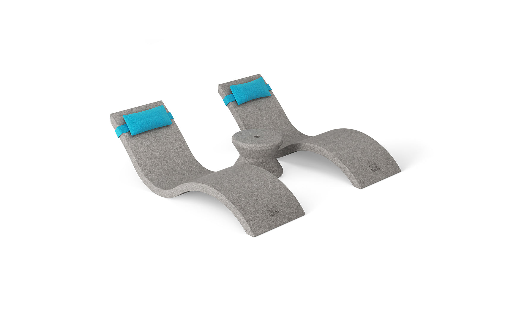The Ledge Lounger Outdoor Paradise In-Pool Furniture Bundle features a gray ergonomic footrest with two raised arches, blue cushioned straps, and a central cylindrical structure for balance and comfort. Ideal for under-desk use or as a poolside seat for an outdoor workspace vibe.