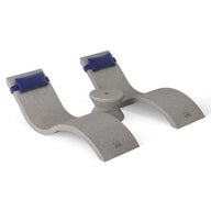 The Ledge Lounger Outdoor Paradise In-Pool Furniture Bundle includes a versatile gray yoga headstand bench with blue-padded leg supports. Its stable base and curved legs make it perfect for yoga exercises or inversions, enhancing any relaxing space.
