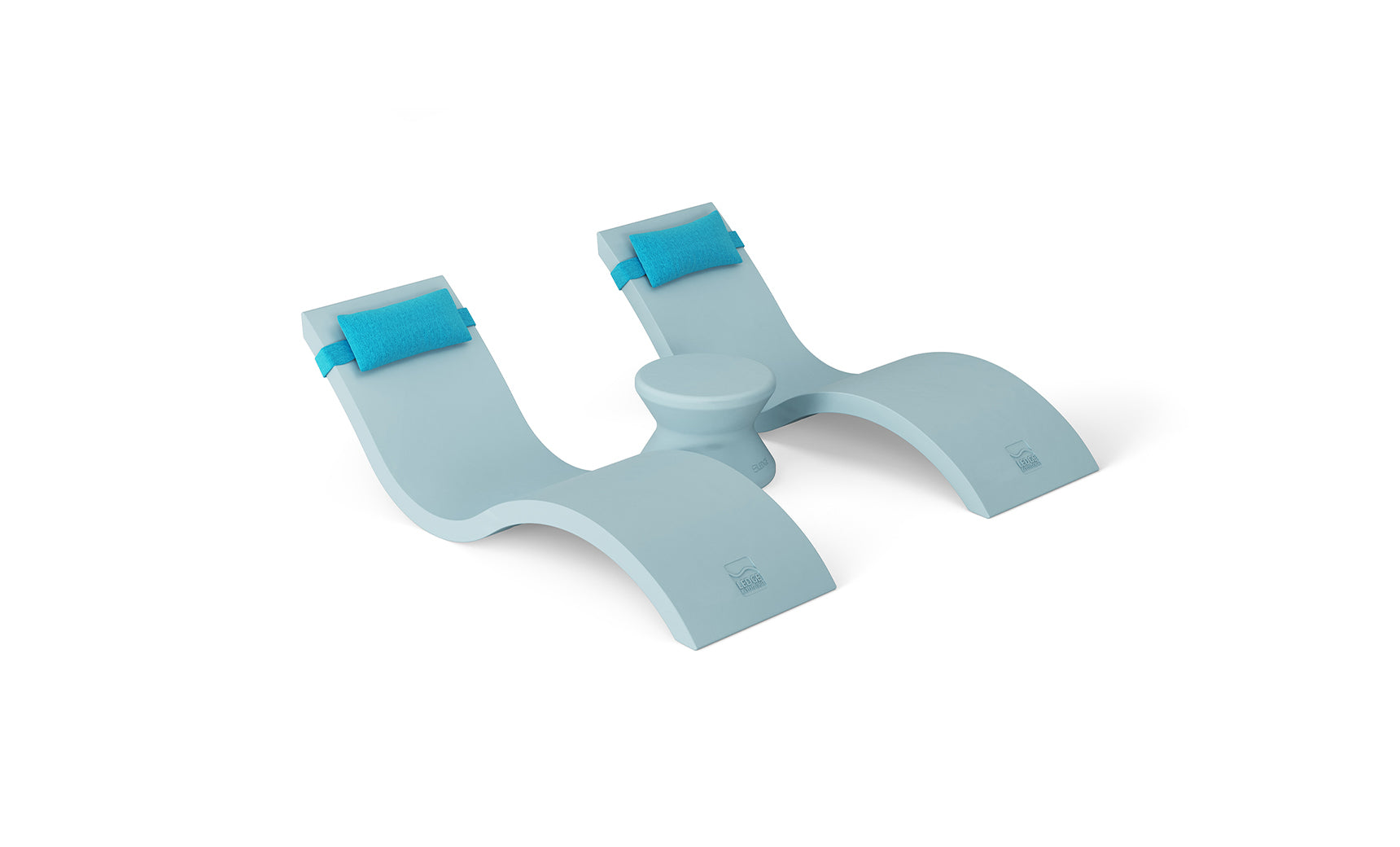 The Ledge Lounger Outdoor Paradise In-Pool Furniture Bundle features a modern, ergonomic light blue plastic chair with a wavy design, two leg sections, and a central seat topped with blue cushions—perfect for in-pool chaise lounging and complementing your pool ledge furniture.