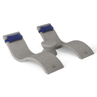 The Ledge Lounger Outdoor Paradise In-Pool Furniture Bundle includes a gray ergonomic footrest with a unique wavy design, reminiscent of in-pool chaise loungers. It features two curved supports with blue straps and a central elevated section, enhancing your outdoor setting.