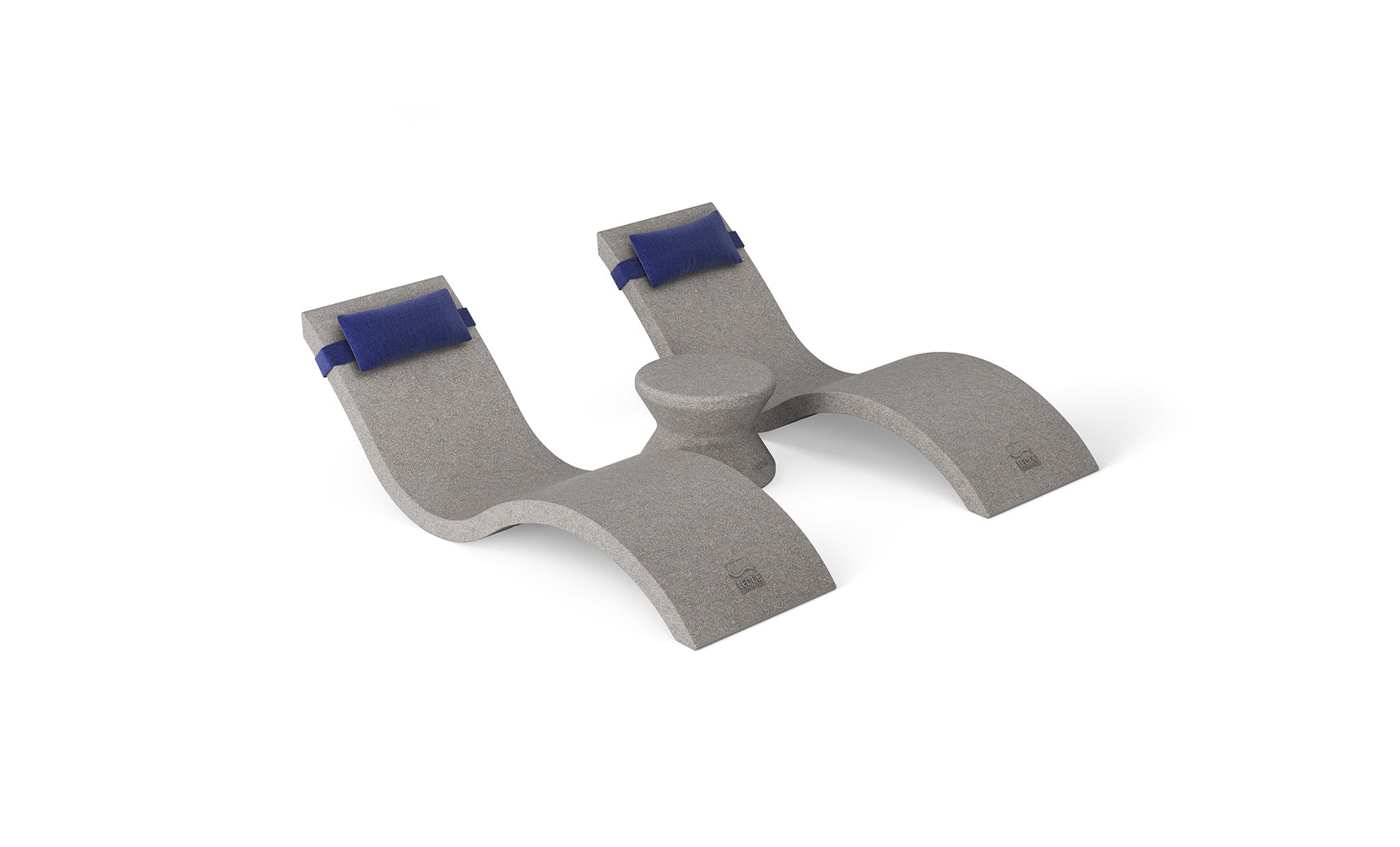 The Ledge Lounger Outdoor Paradise In-Pool Furniture Bundle includes a gray ergonomic footrest with a unique wavy design, reminiscent of in-pool chaise loungers. It features two curved supports with blue straps and a central elevated section, enhancing your outdoor setting.
