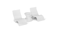 Two ergonomic, white Relaxation In-Pool Chairs with a matching hourglass-shaped side table by Ledge Lounger create a sleek, minimalist poolside set. This stylish furniture offers comfort with its smooth design.