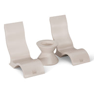Three Ledge Lounger minimalist beige plastic monitor stands and one matching phone holder with an ergonomic, curved design are set against a white background.
