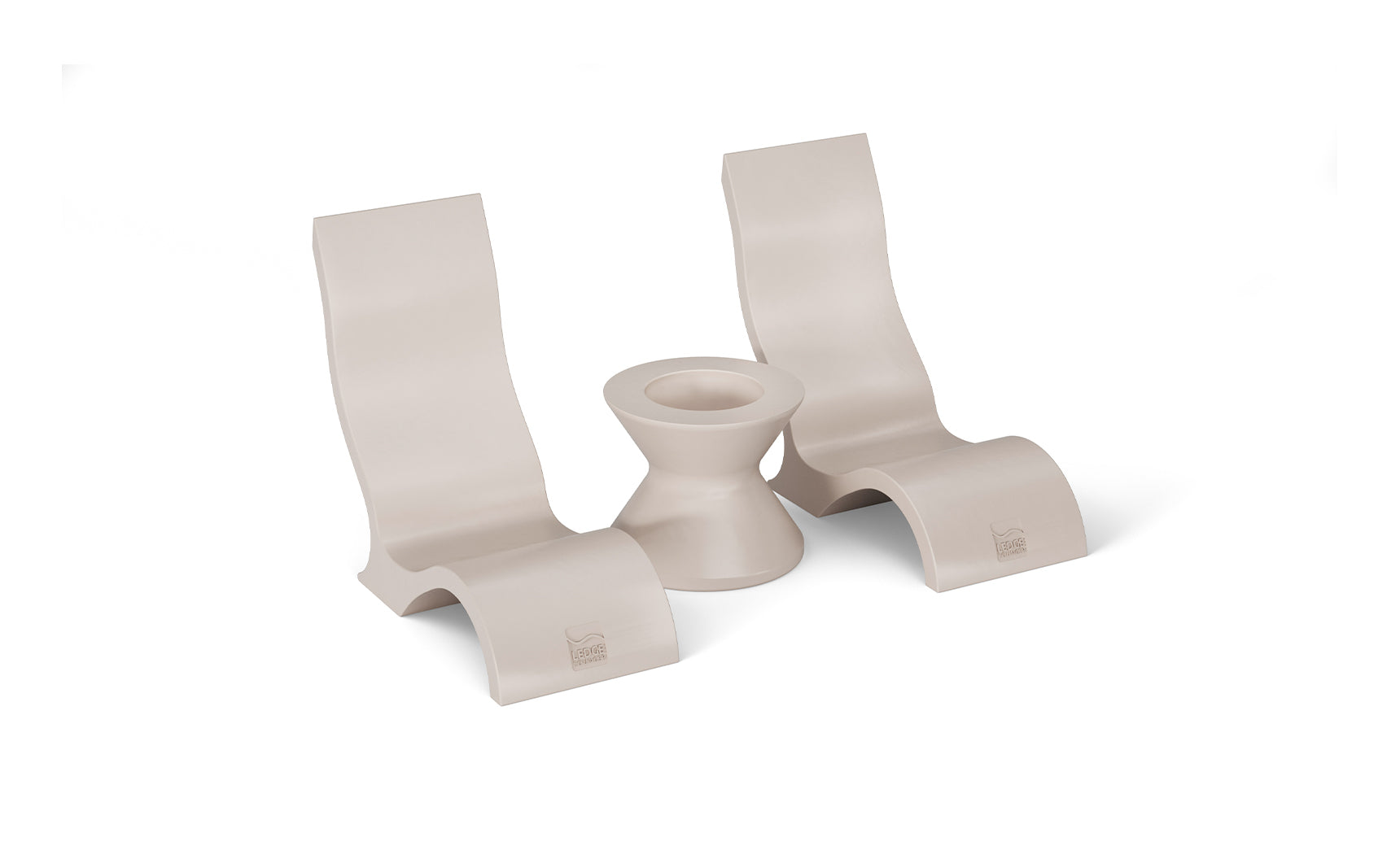 Three Ledge Lounger minimalist beige plastic monitor stands and one matching phone holder with an ergonomic, curved design are set against a white background.
