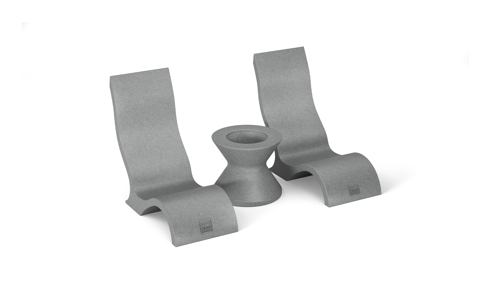 The Relaxation In-Pool Chair & Ice Bin Bundle by Ledge Lounger features a gray, modernist design with three pieces: two curved and a central hourglass shape. Its clean lines and minimalist aesthetic create a timeless, stylish decor element.