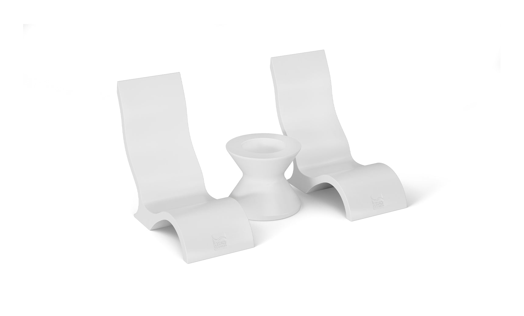 The Ledge Lounger Relaxation In-Pool Chair & Ice Bin Bundle features sleek, ergonomic high-back chairs alongside an hourglass-shaped table, creating a minimalist and modern aesthetic against a white backdrop.