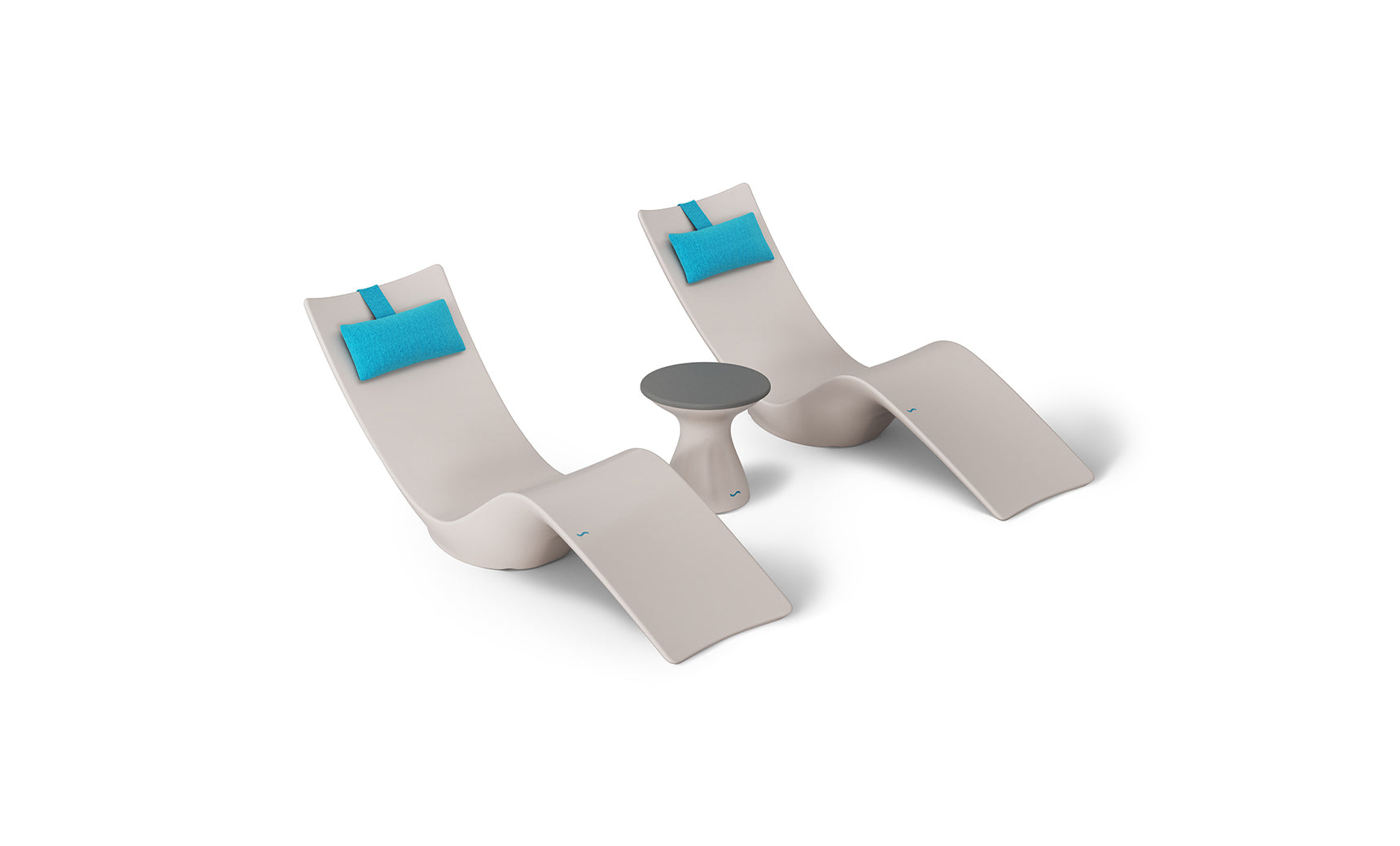 Ledge Loungers Resort Luxury Outdoor Paradise In-Pool Furniture Bundle includes two modern white chaise loungers with blue headrests and a small round table, arranged on a plain white backdrop for a minimalist, poolside relaxation vibe.