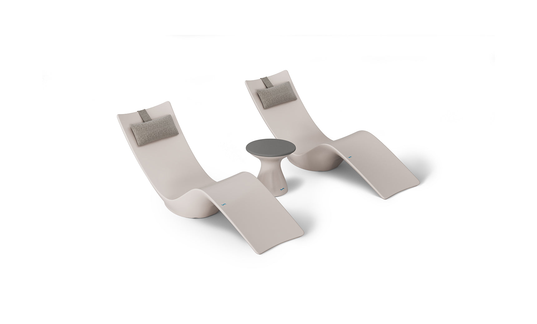 Ledge Loungers Resort Luxury Outdoor Paradise In-Pool Furniture Bundle offers two modern, curved beige lounge chairs with gray headrests and a small, round gray table for poolside relaxation. The sleek, minimalist design complements a plain white backdrop.