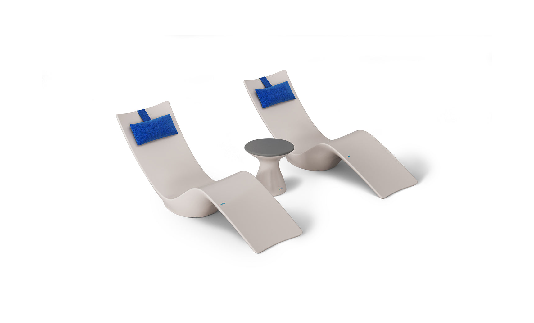 The Ledge Lounger Resort Luxury Outdoor Paradise In-Pool Furniture Bundle features two sleek beige chairs with blue headrests and a round gray table on a white background, perfect for poolside relaxation.
