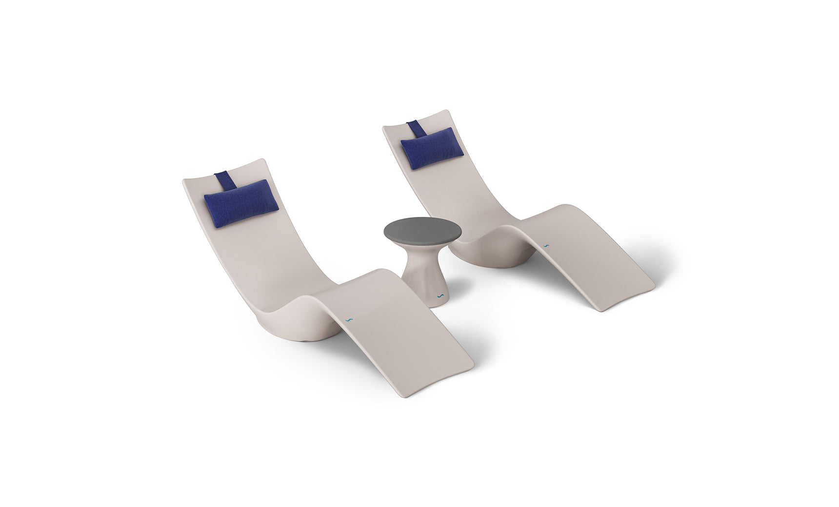Ledge Loungers Resort Luxury Outdoor Paradise In-Pool Furniture Bundle includes two modern beige lounge chairs with blue headrests and a small round table, all in a minimalist style. This set evokes poolside relaxation and is showcased on a white background.