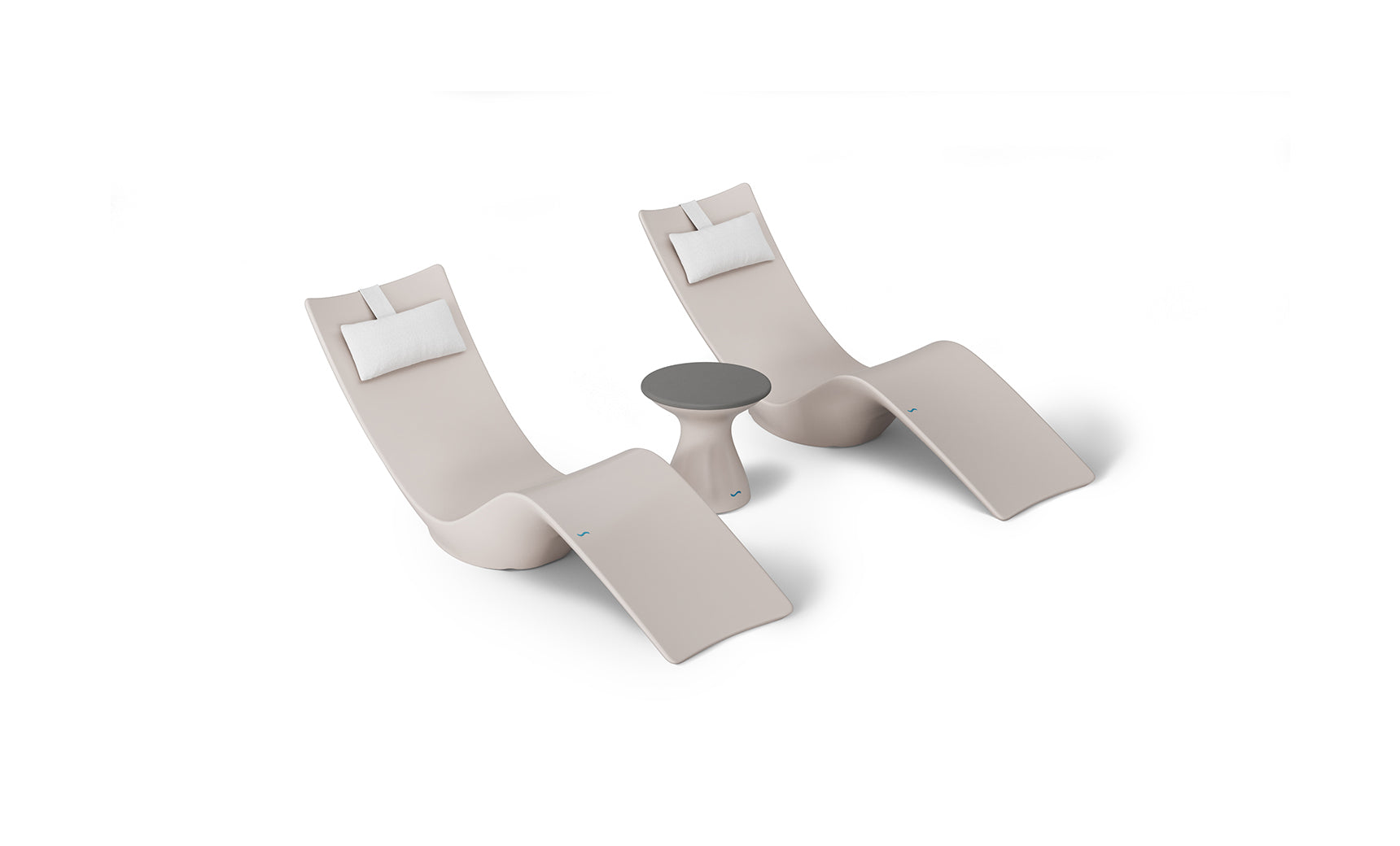 The Ledge Lounger Resort Luxury Outdoor Paradise In-Pool Furniture Bundle includes two sleek beige lounge chairs with curved designs, placed beside a small round side table with a dark gray top. Ideal for poolside relaxation, they each feature white headrest cushions against a plain white backdrop.