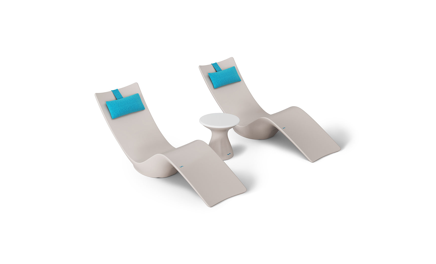 The Resort Luxury Outdoor Paradise In-Pool Furniture Bundle by Ledge Lounger features two modern beige lounge chairs with turquoise headrests and a small round white table, perfect for elegant relaxation poolside against a plain white background.