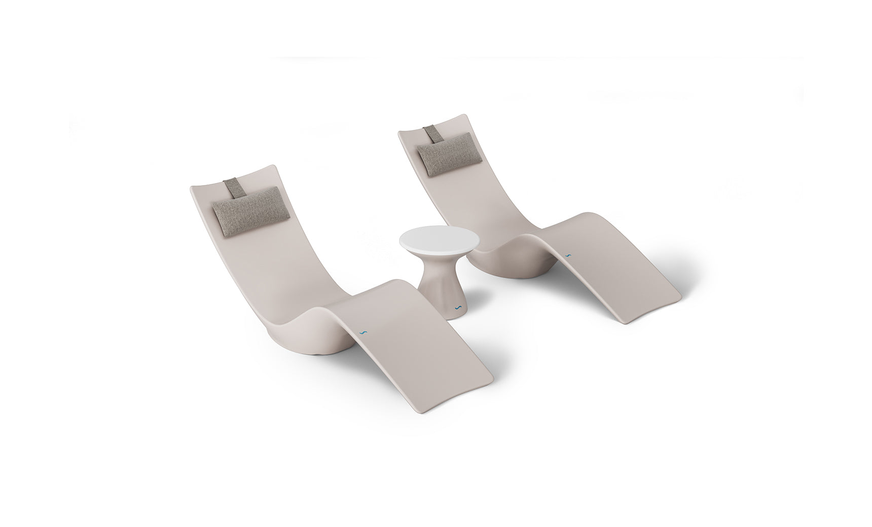 The Resort Luxury Outdoor Paradise In-Pool Furniture Bundle by Ledge Lounger features two beige lounge chairs with gray headrests, resembling chaise loungers. They flank a white side table against a plain backdrop, evoking poolside relaxation with simplicity and elegance.