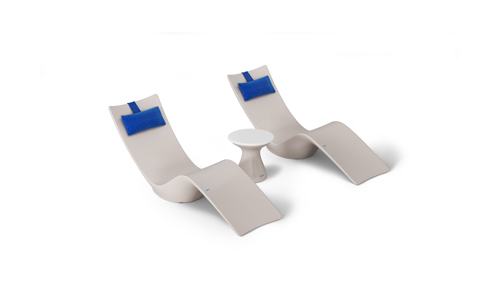The Resort Luxury Outdoor Paradise In-Pool Furniture Bundle by Ledge Lounger features two modern beige chaise loungers with blue headrests and a small white round table, creating a minimalist poolside arrangement perfectly set against a plain white background.