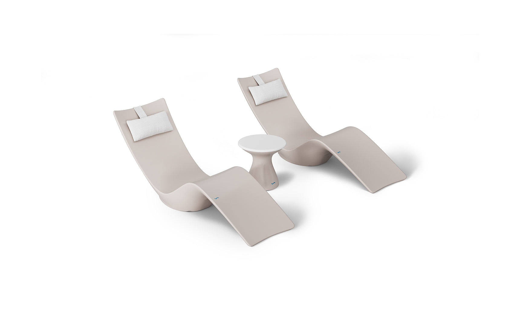 The Resort Luxury Outdoor Paradise In-Pool Furniture Bundle by Ledge Lounger includes two beige, modern lounge chairs with white pillows and a small round white table, offering a sleek, curved design perfect for poolside relaxation. The minimalist style is highlighted against a white background.