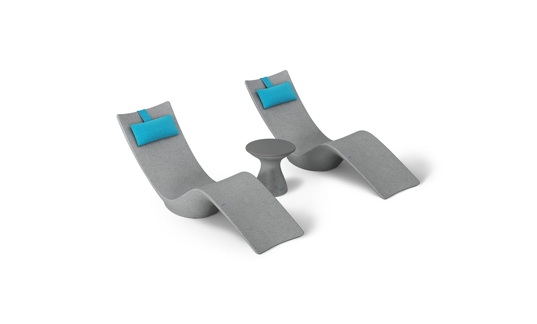 The Resort Luxury Outdoor Paradise In-Pool Furniture Bundle by Ledge Lounger includes two modern gray lounge chairs with curved designs and light blue head cushions, alongside a small round table. Ideal for poolside relaxation, the set contrasts elegantly against a crisp white background.