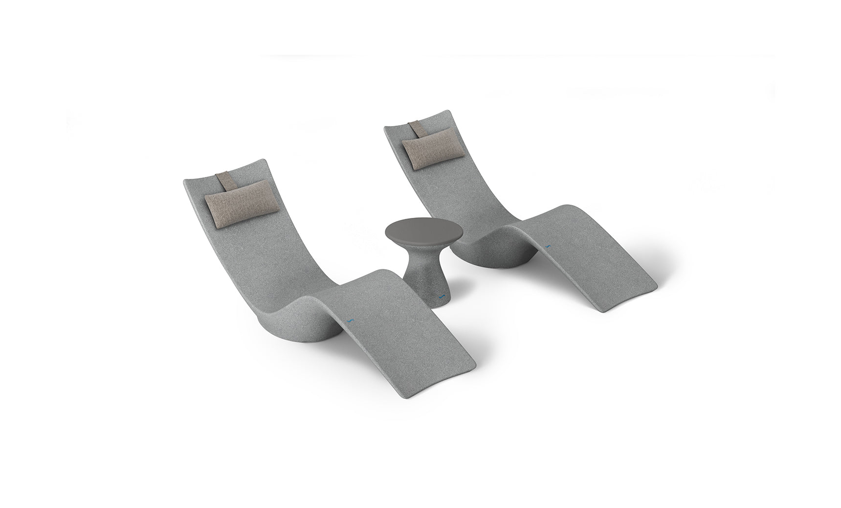 Two curved lounge chairs with light gray upholstery and beige headrests from the Resort Luxury Outdoor Paradise In-Pool Furniture Bundle by Ledge Lounger, flank a small round gray side table, offering a serene poolside vibe against a plain white backdrop.