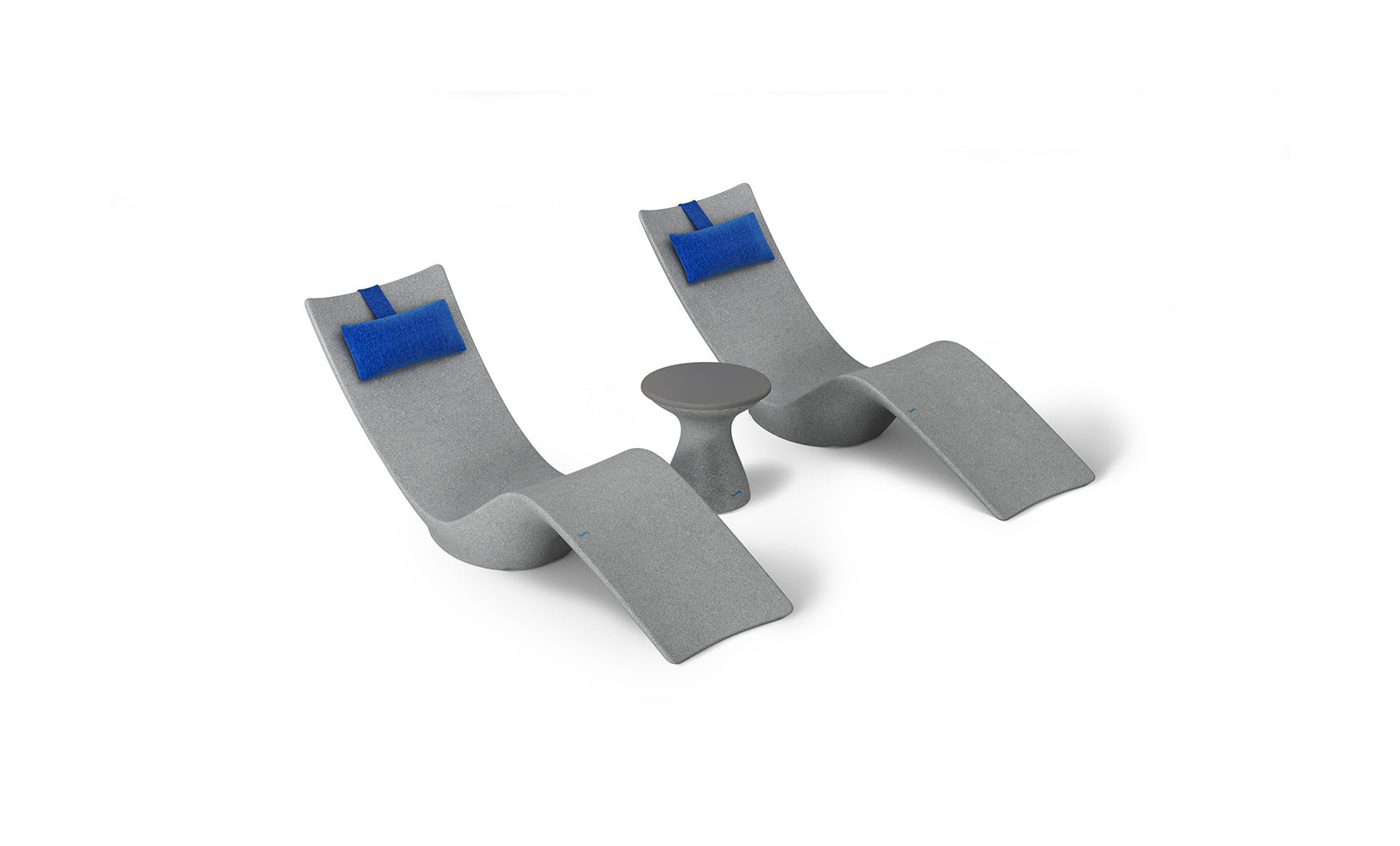 The Resort Luxury Outdoor Paradise In-Pool Furniture Bundle by Ledge Lounger features two modern gray curved chaise loungers with blue cushions, perfectly flanking a small round gray table, creating a stylish poolside look against a plain white backdrop.