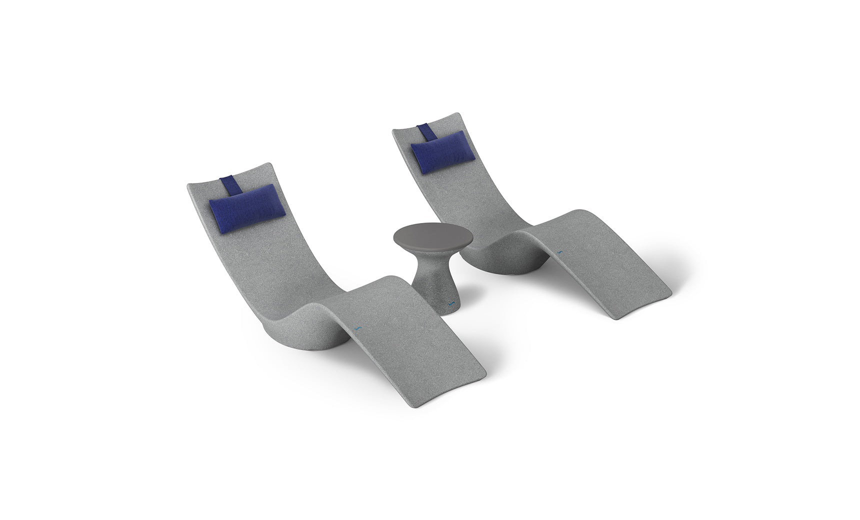 The Ledge Loungers Resort Luxury Outdoor Paradise In-Pool Furniture Bundle includes two modern, curved chaise loungers in light gray with blue headrests and a small, round dark gray side table—offering a sleek and contemporary vibe perfect for poolside relaxation.