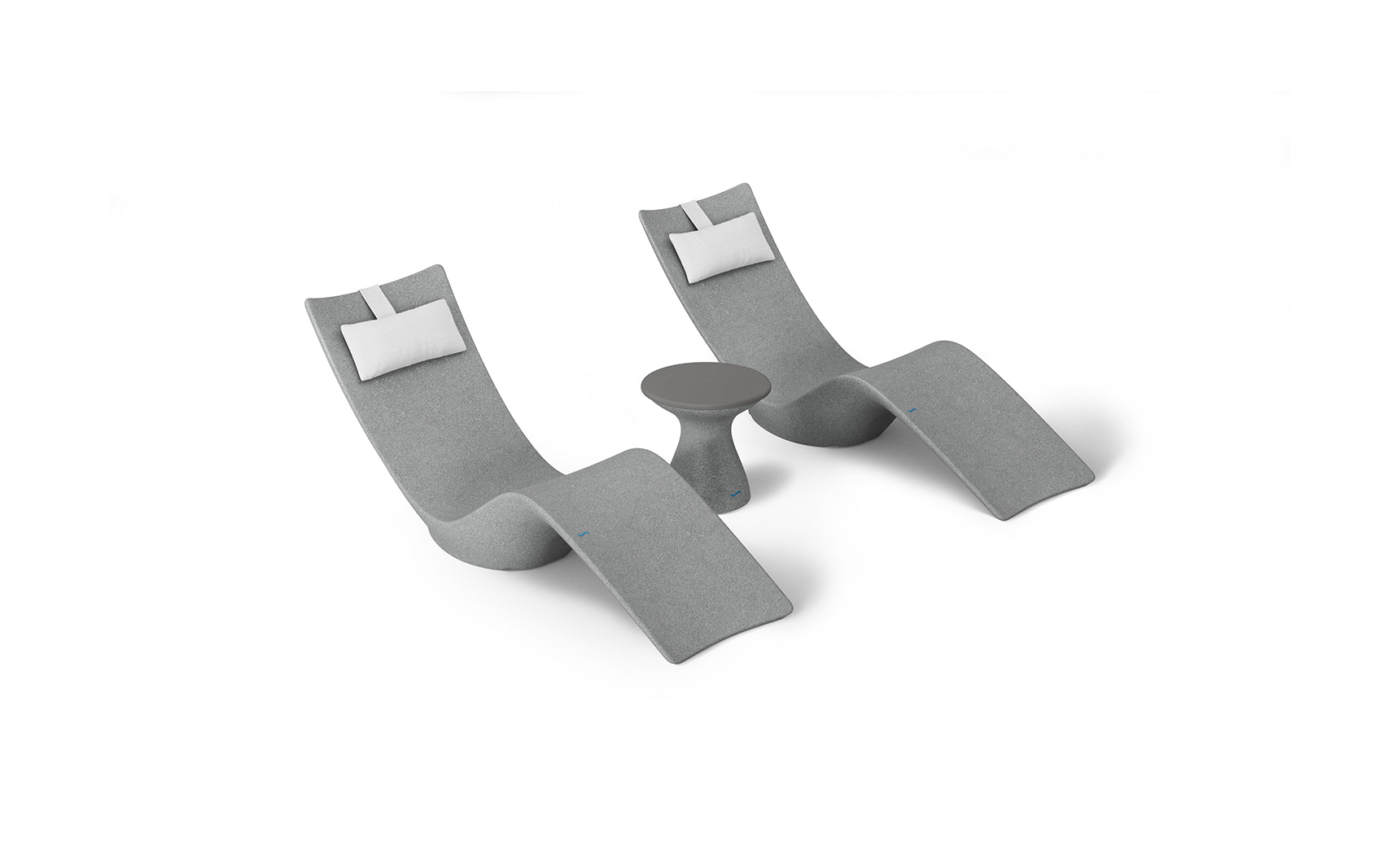 The Resort Luxury Outdoor Paradise In-Pool Furniture Bundle by Ledge Lounger features two modern chaise loungers with gray upholstery and white headrest cushions, flanking a small round gray side table, ideal for poolside relaxation. The set is displayed against a plain white background.