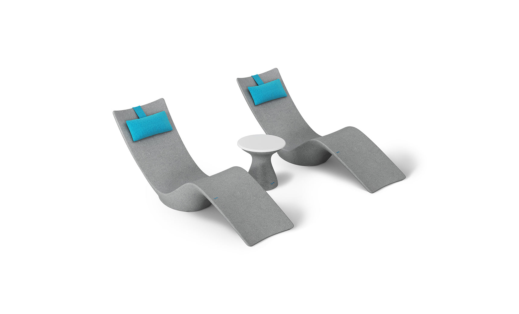 The Resort Luxury Outdoor Paradise In-Pool Furniture Bundle by Ledge Lounger features two modern gray chaise loungers with blue headrests and a small round table, creating a contemporary, minimalist style perfect for poolside relaxation.