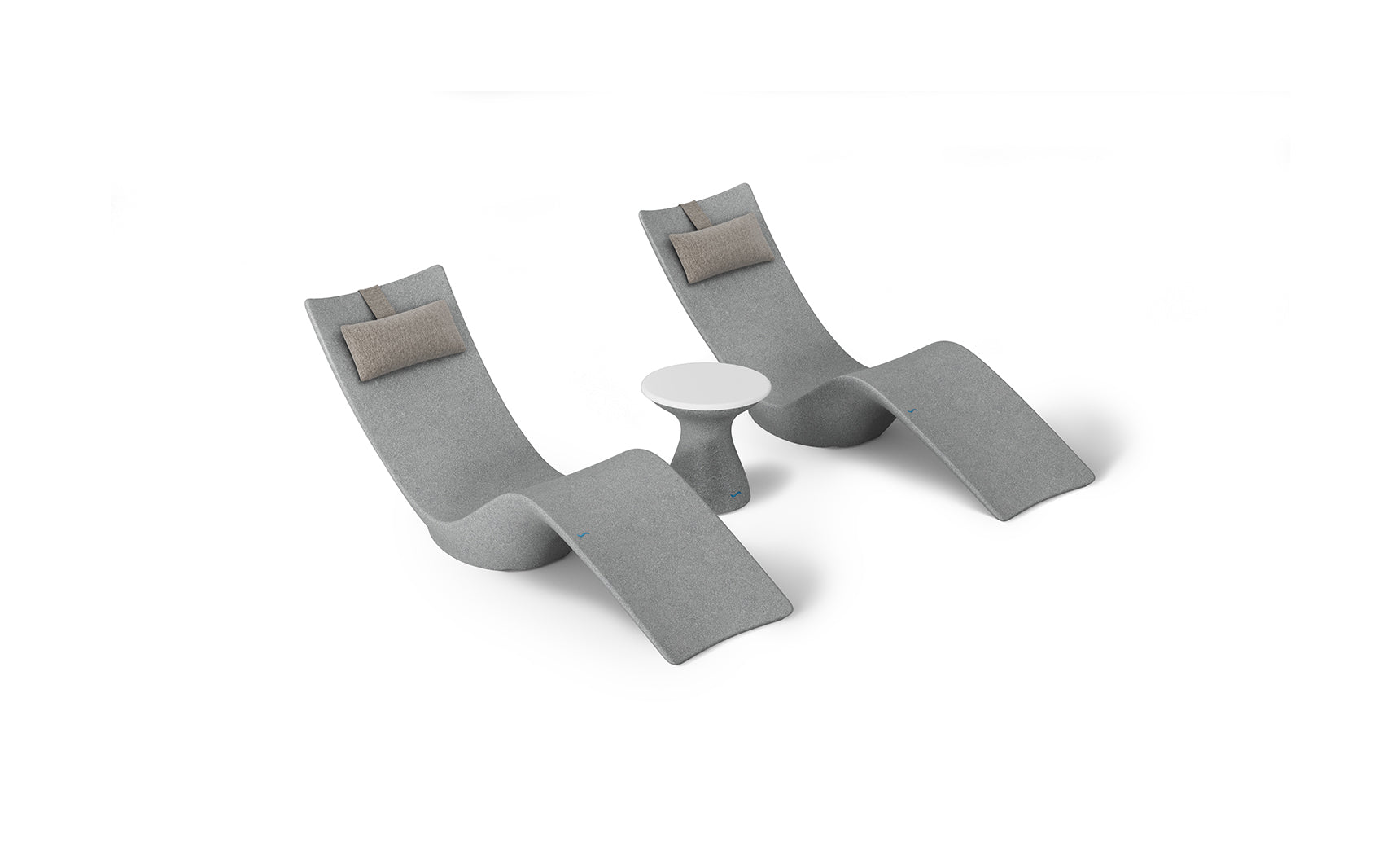 The Resort Luxury Outdoor Paradise In-Pool Furniture Bundle by Ledge Lounger features two modern gray chaise lounge chairs with brown cushions, ideal for poolside relaxation. They face each other with a small round white table between them, set against a white background.