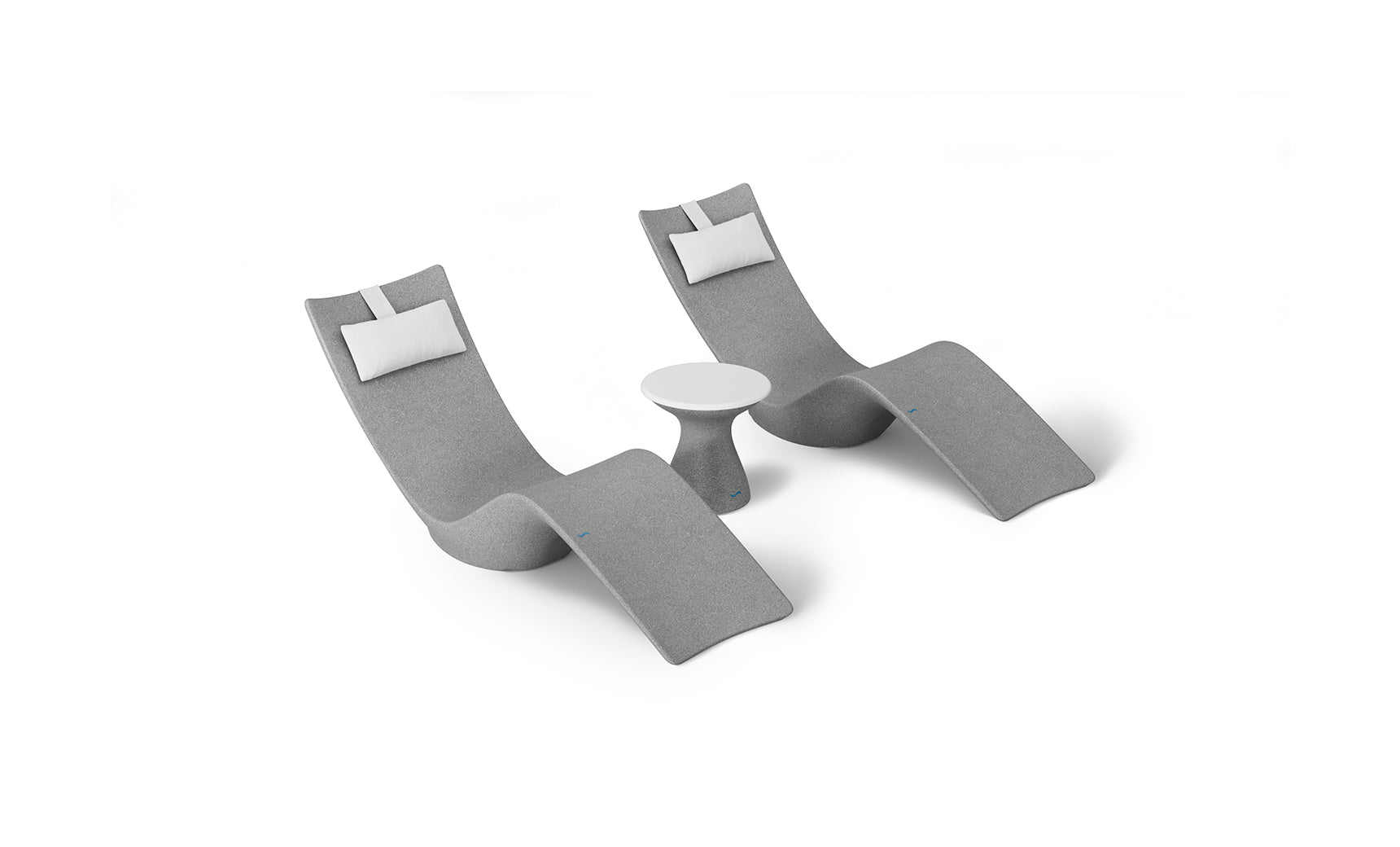 The Ledge Lounger Resort Luxury Outdoor Paradise In-Pool Furniture Bundle includes two modern gray lounge chairs with white cushions flanking a small round white side table. Arranged against a white background, these pieces offer a sleek, minimalist aesthetic perfect for poolside relaxation.