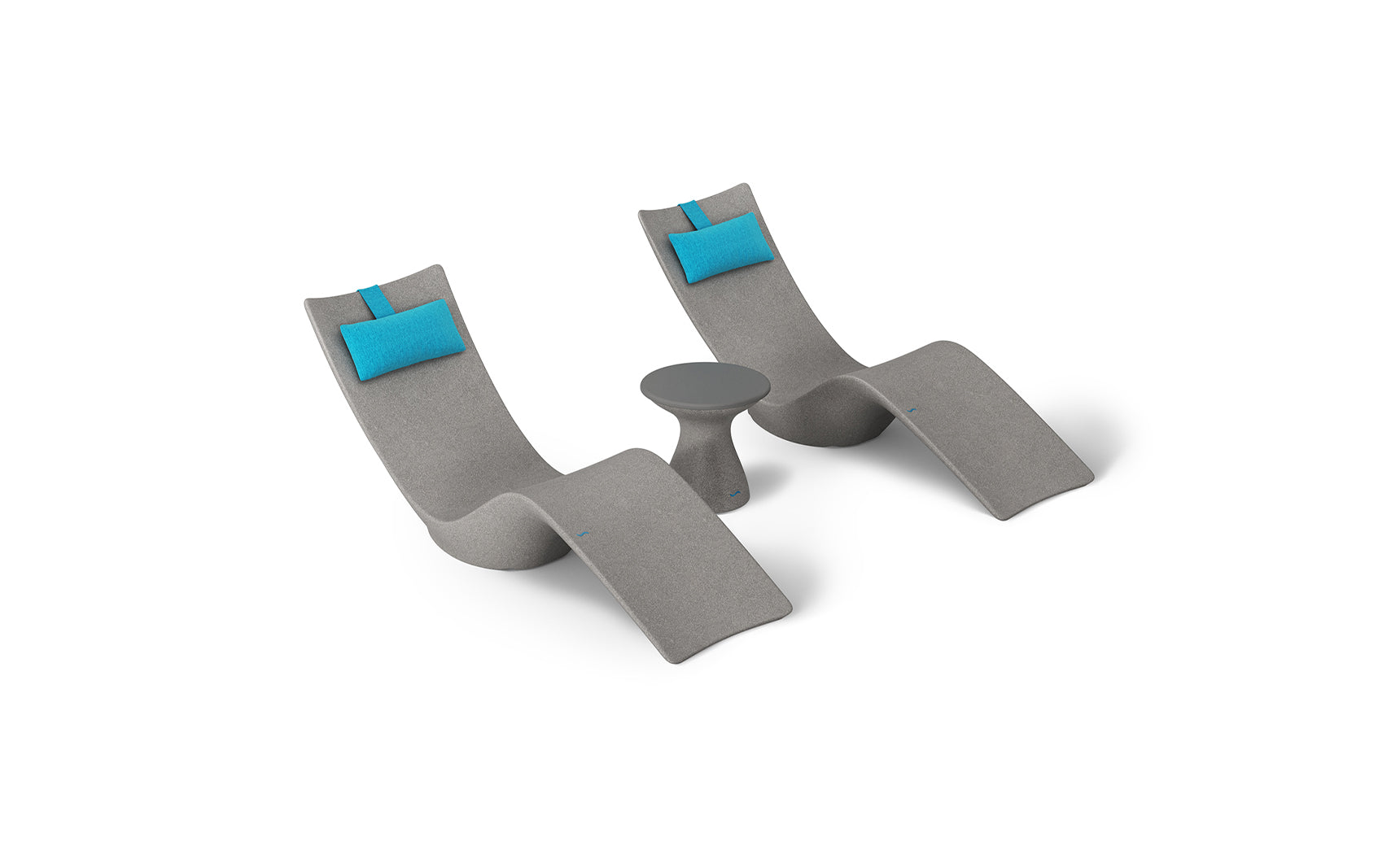 The Ledge Lounger Resort Luxury Outdoor Paradise In-Pool Furniture Bundle includes two modern gray lounge chairs with blue headrests and a small round side table, creating an inviting setup ideal for poolside relaxation or unwinding near the water at home.