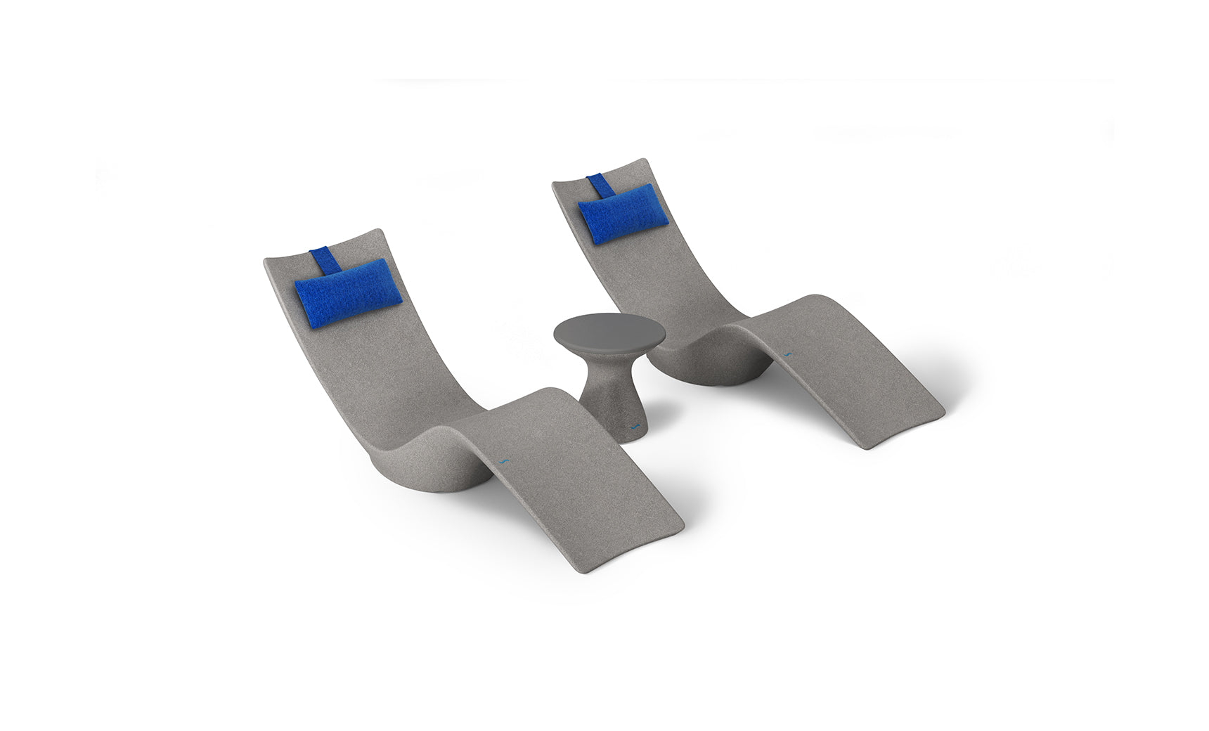 The Ledge Loungers Resort Luxury Outdoor Paradise In-Pool Furniture Bundle features two modern gray lounge chairs with blue head cushions facing each other, divided by a small round gray table. Perfect for poolside relaxation, this elegant ensemble sits on a white backdrop, offering serene escape.