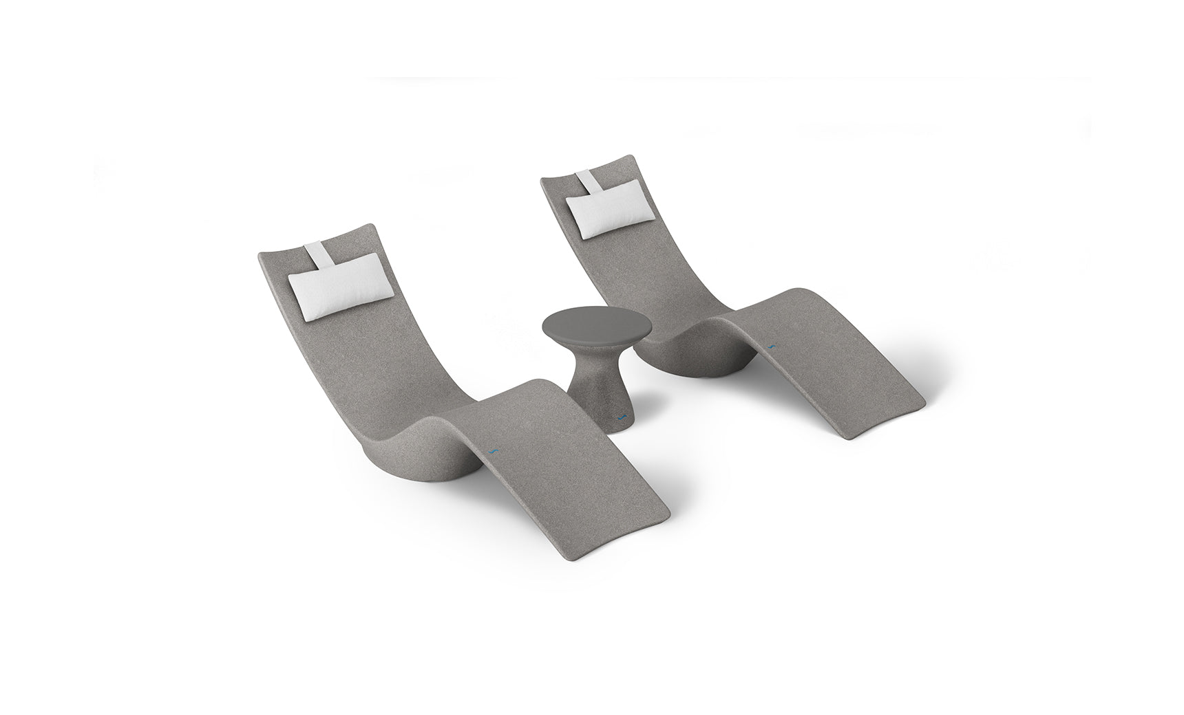The Resort Luxury Outdoor Paradise In-Pool Furniture Bundle by Ledge Lounger includes two modern gray reclining chaise loungers with white headrest cushions and a small matching gray side table, ideal for poolside relaxation, all set against a plain white background.