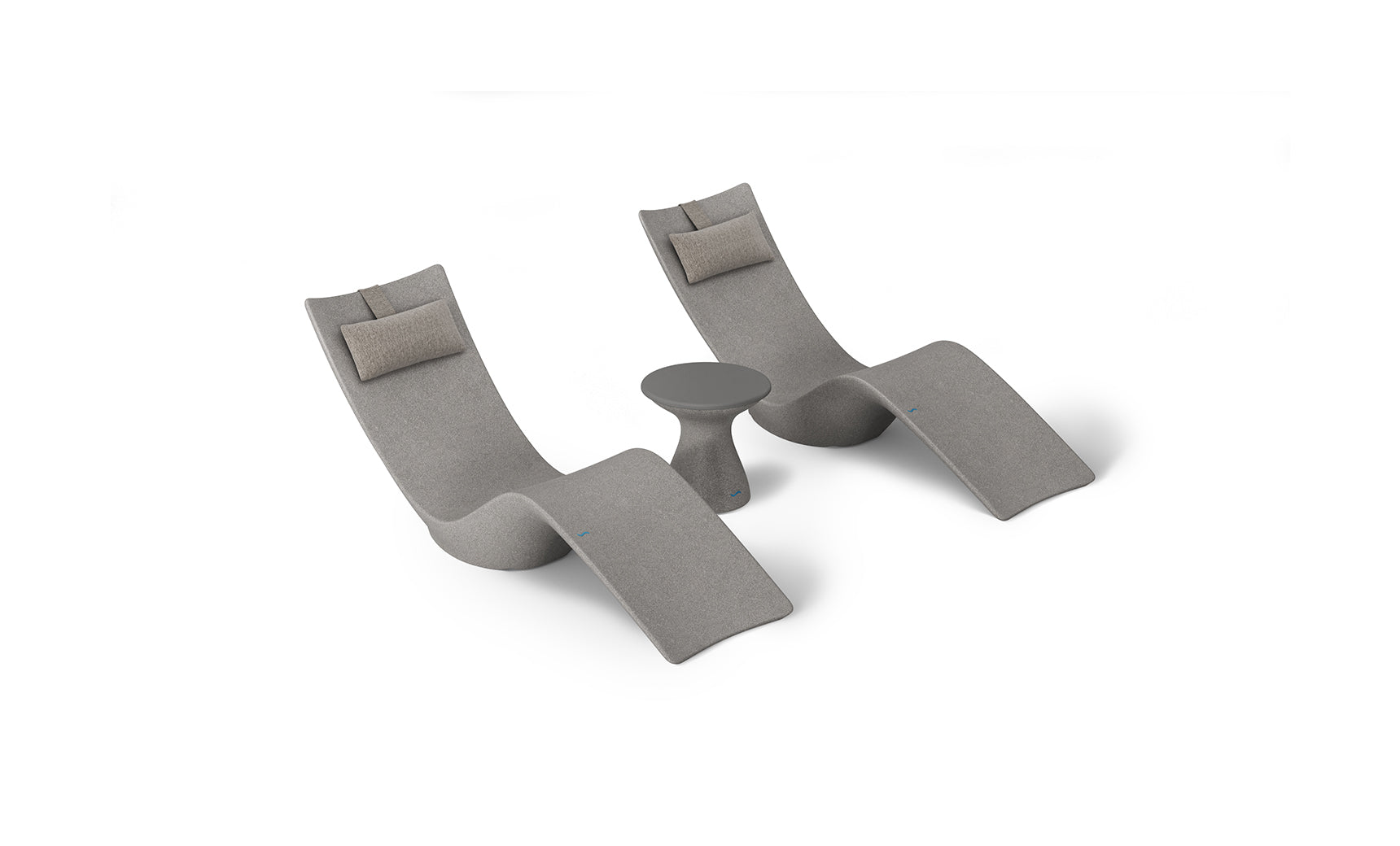 The Ledge Lounger Resort Luxury Outdoor Paradise In-Pool Furniture Bundle includes two modern grey chaise loungers with beige cushions, set around a small round table. Perfect for poolside relaxation, this chic set stands out against a white backdrop, showcasing its sleek design.