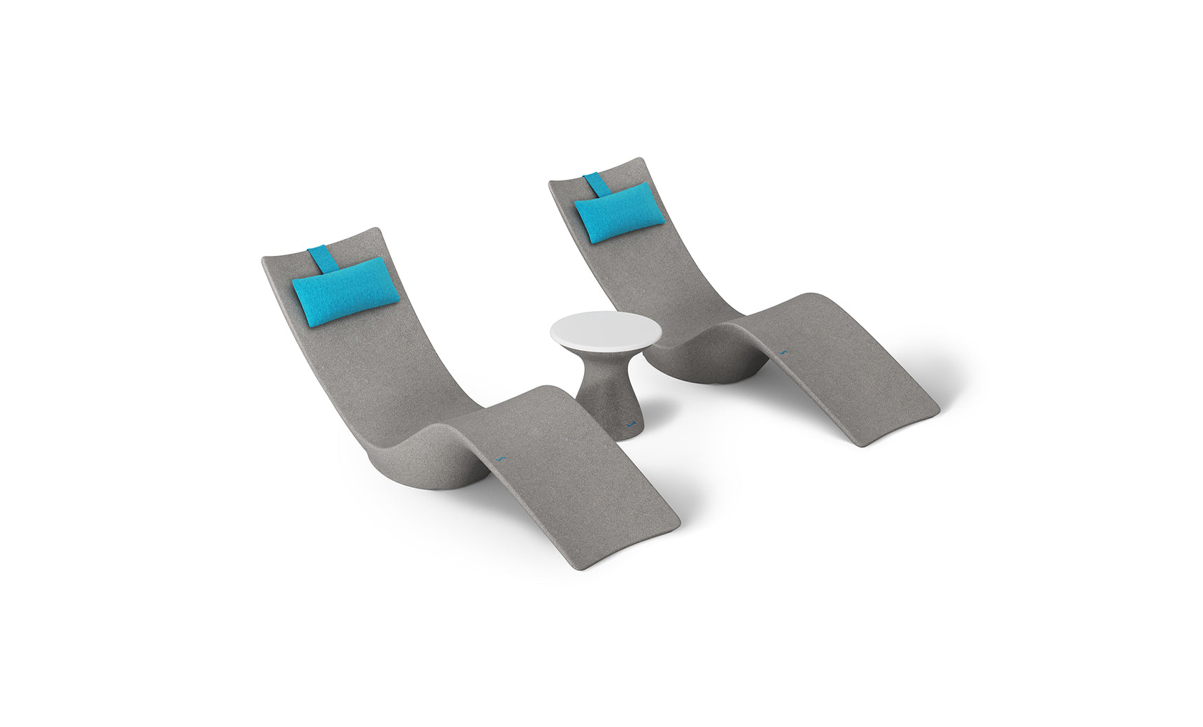 The Ledge Lounger Resort Luxury Outdoor Paradise In-Pool Furniture Bundle includes two modern, curved gray chaise loungers with turquoise cushions and a small round white table, all set against a plain white background—perfect for poolside relaxation.