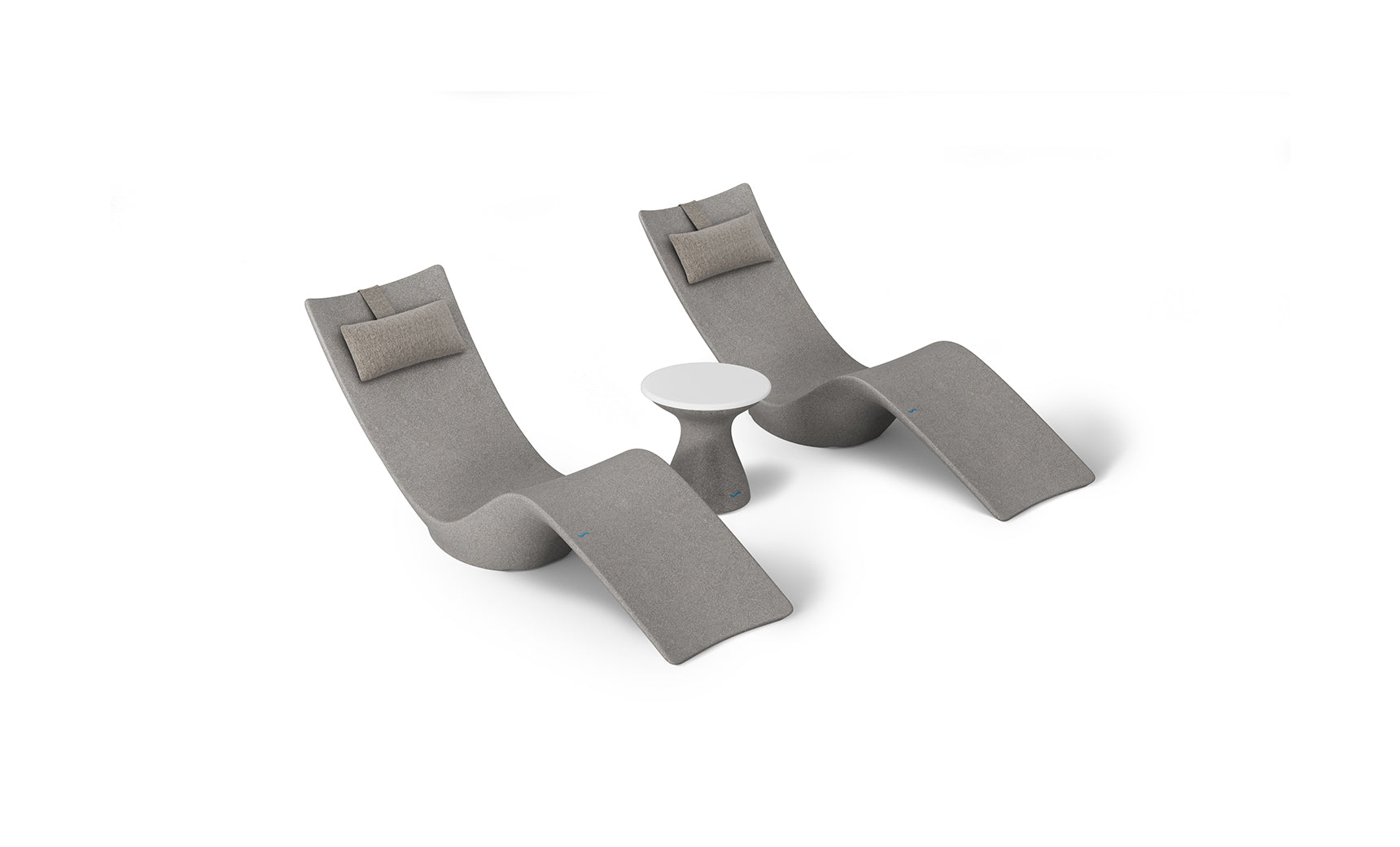 The Resort Luxury Outdoor Paradise In-Pool Furniture Bundle by Ledge Lounger includes two sleek, modern chaise loungers in minimalist gray with beige headrests, arranged beside a small round white side table. This elegant setup, perfect for poolside relaxation, is displayed against a plain white background.