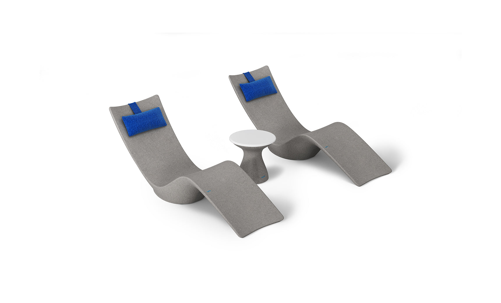 The Resort Luxury Outdoor Paradise In-Pool Furniture Bundle by Ledge Lounger features two sleek gray chaise loungers with blue headrests and a small round white table, ideal for poolside relaxation against a minimalist white backdrop.
