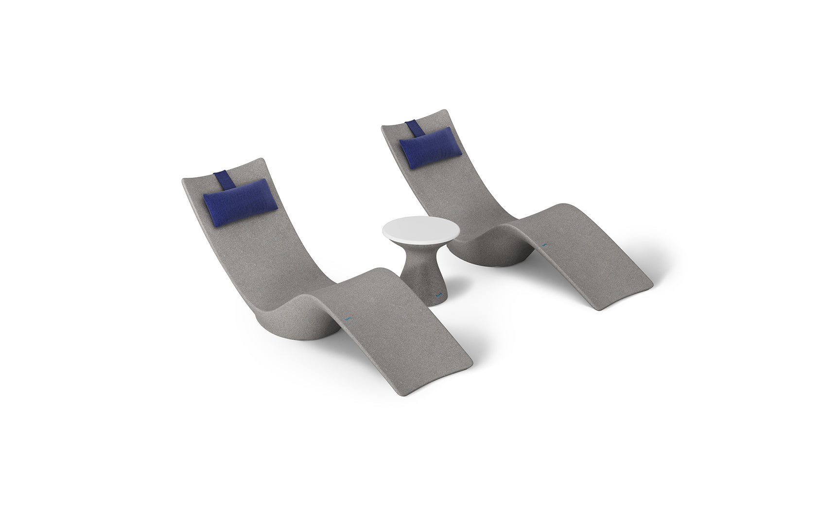 The Resort Luxury Outdoor Paradise In-Pool Furniture Bundle by Ledge Lounger features two modern gray chaise lounger-style chairs with dark blue cushions, flanking a small round white table, offering sleek, curved design perfect for poolside relaxation with minimalist allure.