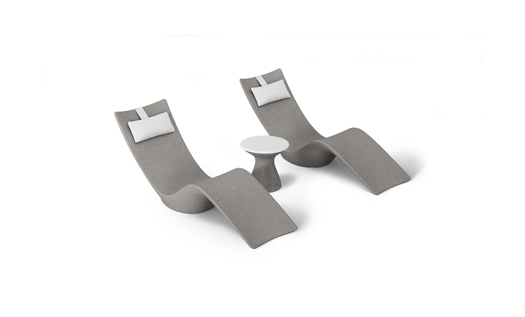 The Resort Luxury Outdoor Paradise In-Pool Furniture Bundle by Ledge Lounger features two sleek, modern gray lounge chairs with white cushions flanking a small round table. Perfect for poolside relaxation, their wavy design ensures comfort and style against a plain white background.