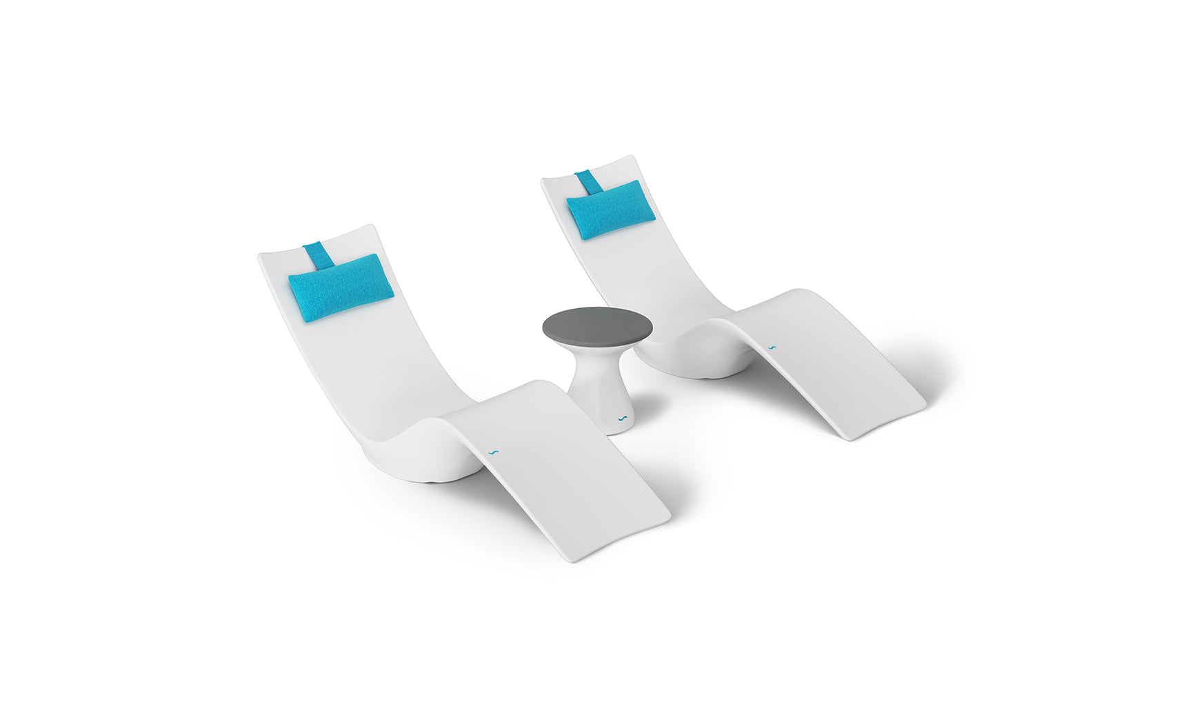 The Ledge Lounger Resort Luxury Outdoor Paradise In-Pool Furniture Bundle features two white chaise loungers with aqua blue headrests flanking a small white side table with a gray top, perfect for poolside relaxation, all set against a plain white background for an elegant look.