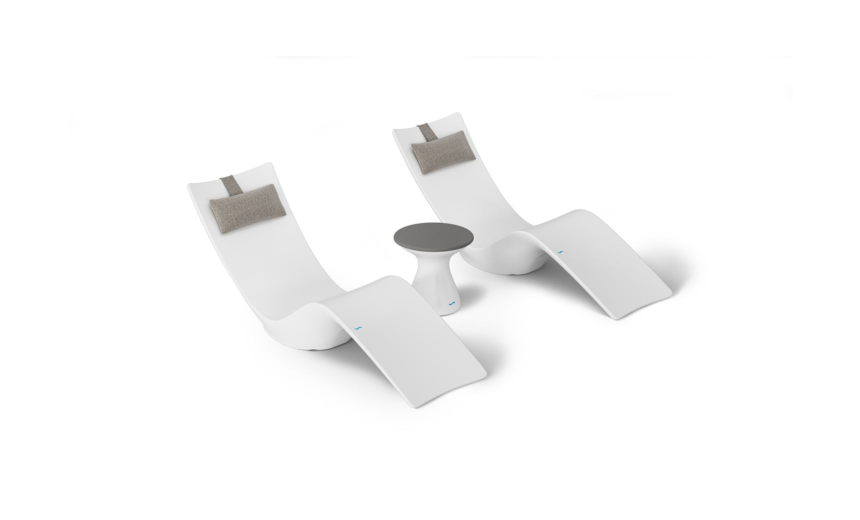 Two modern white chaise lounges with gray headrest cushions are symmetrically placed beside a small round table, ideal for poolside relaxation. The clean, minimalist design of the Resort Luxury Outdoor Paradise In-Pool Furniture Bundle by Ledge Lounger stands out against a plain white background.