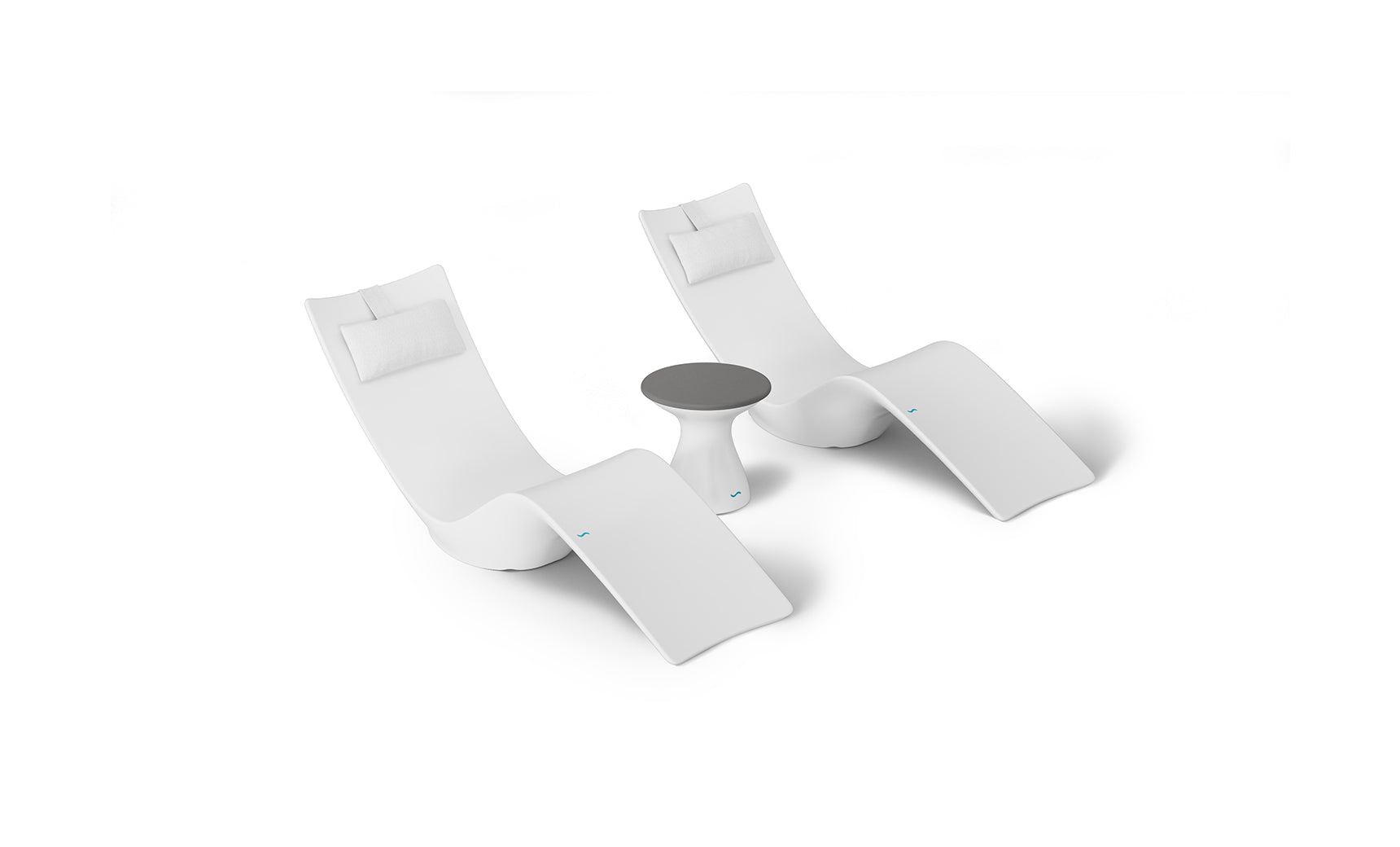The Ledge Lounger Resort Luxury Outdoor Paradise In-Pool Furniture Bundle includes two modern white lounge chairs with headrests and a small round side table with a dark gray tabletop, ideal for poolside relaxation against a plain, minimalistic backdrop.