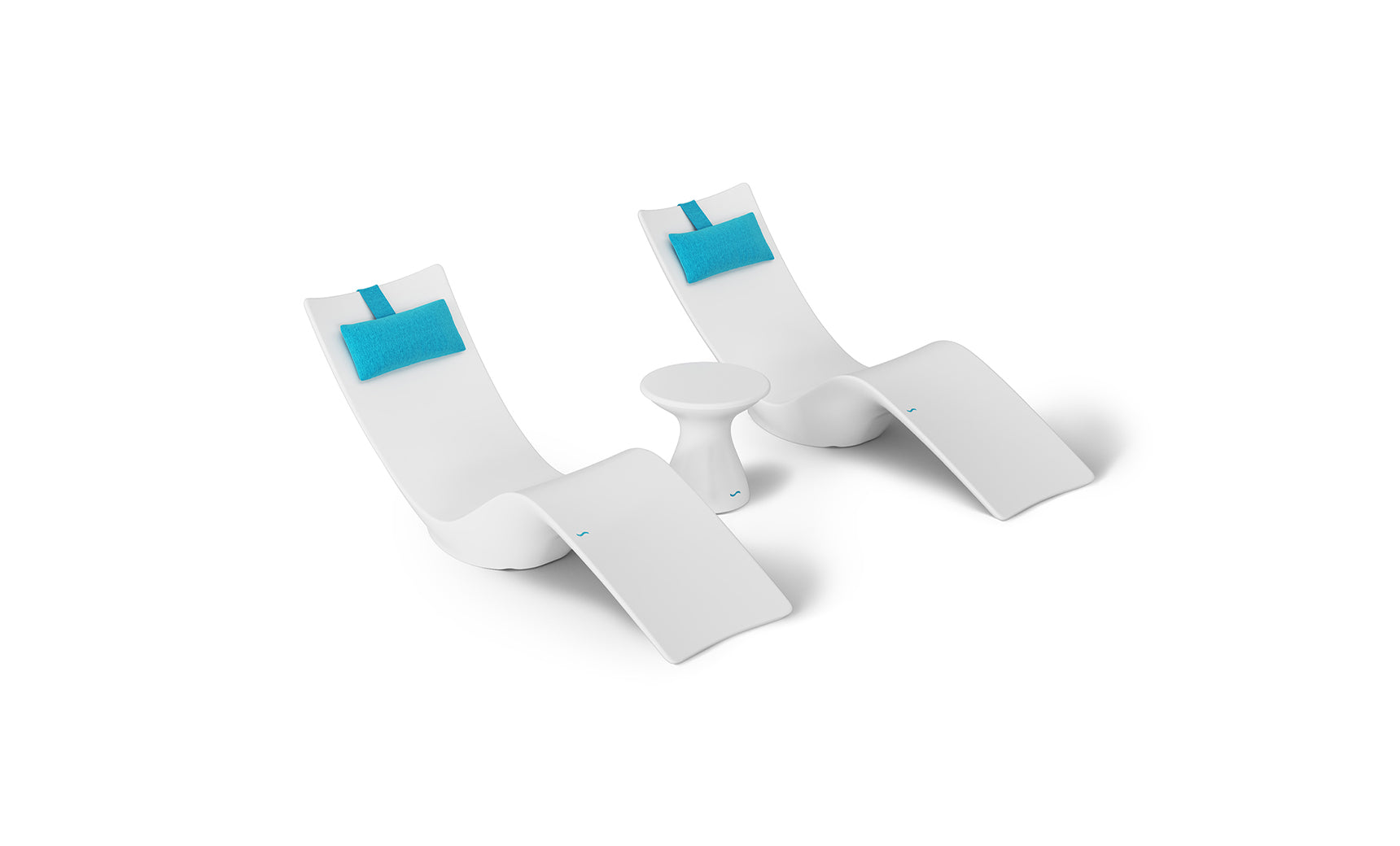 The Ledge Lounger Resort Luxury Outdoor Paradise In-Pool Furniture Bundle includes two sleek, modern white chaise loungers with turquoise headrests and a small round white side table, perfect for poolside relaxation against a pristine white backdrop.