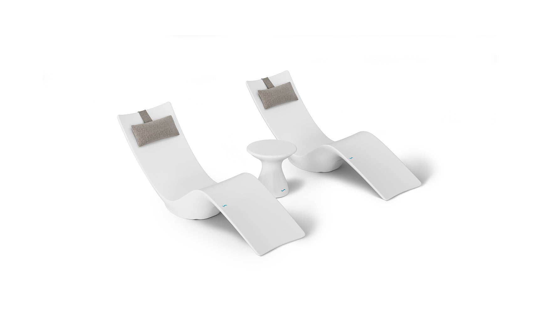 The Resort Luxury Outdoor Paradise In-Pool Furniture Bundle by Ledge Lounger features two sleek white chaise loungers with gray headrests and a small round white table, ideal for poolside relaxation.
