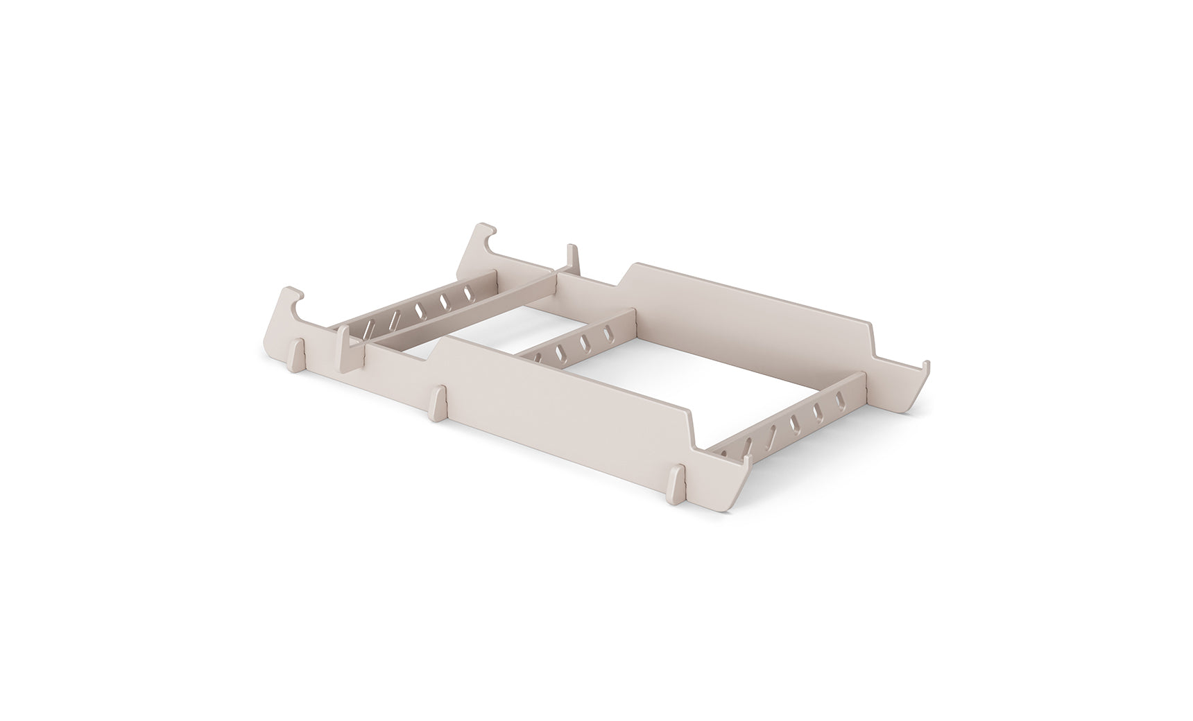 A beige adjustable dividers insert organizes drawers with customizable slots for various items, featuring a sleek design. Like the Signature Lowback Chair Riser by Ledge Lounger, it enhances room style and is elegantly displayed on a plain white background.